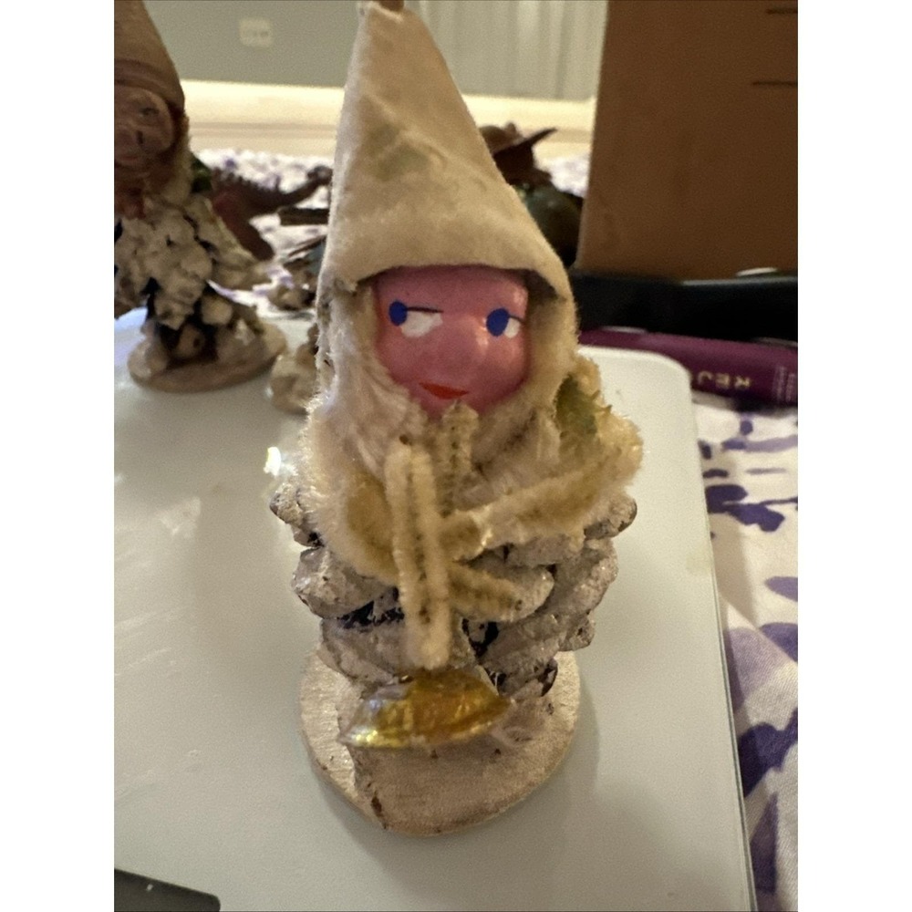 Antique Pinecone Elf Pixie Musician Trumpet Christmas Figure From Japan Side Eye - Picture 2 of 7